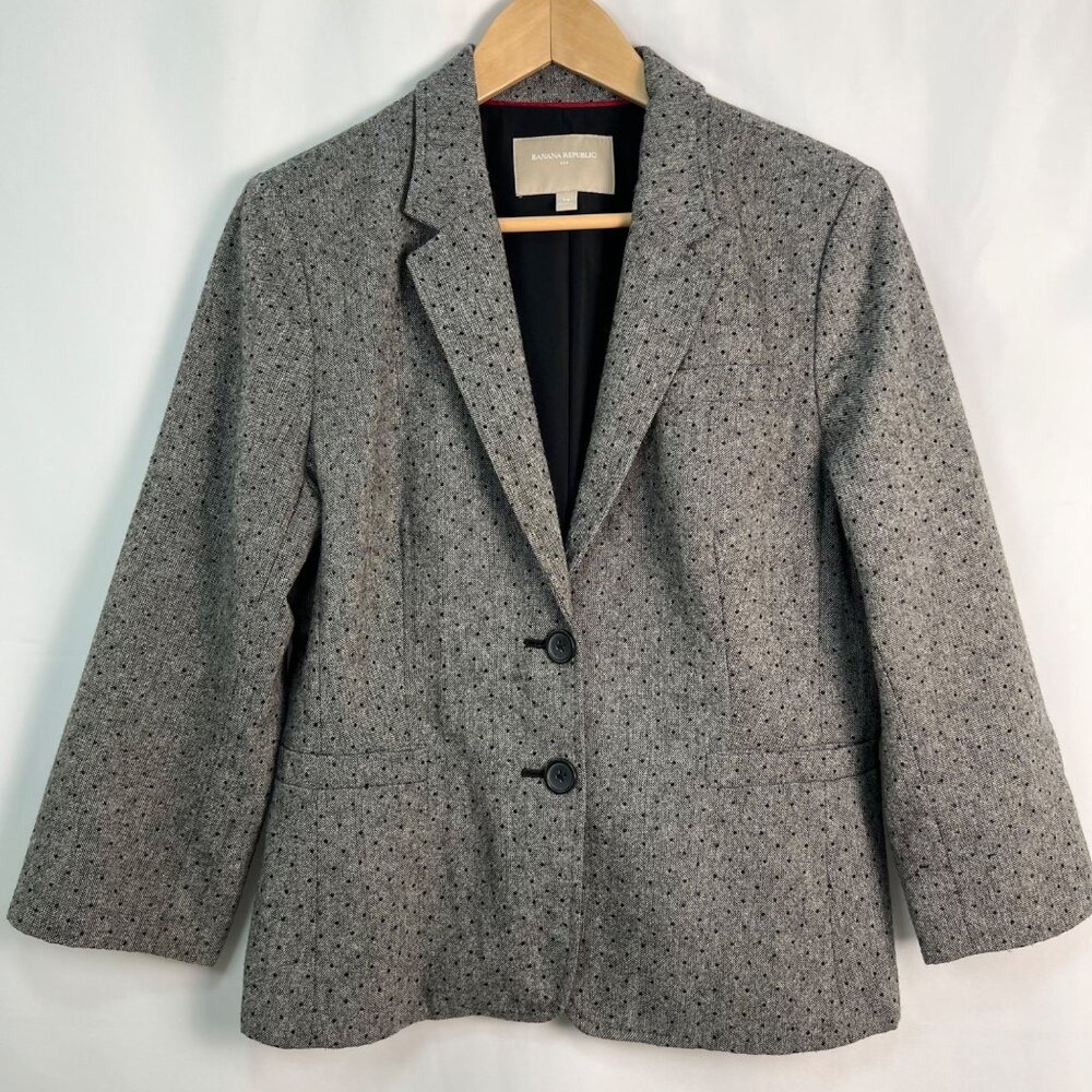 BANANA REPUBLIC Gray Wool Blend Dotted Pattern 3/4 Sleeve Blazer Size 14 - Picture 1 of 8